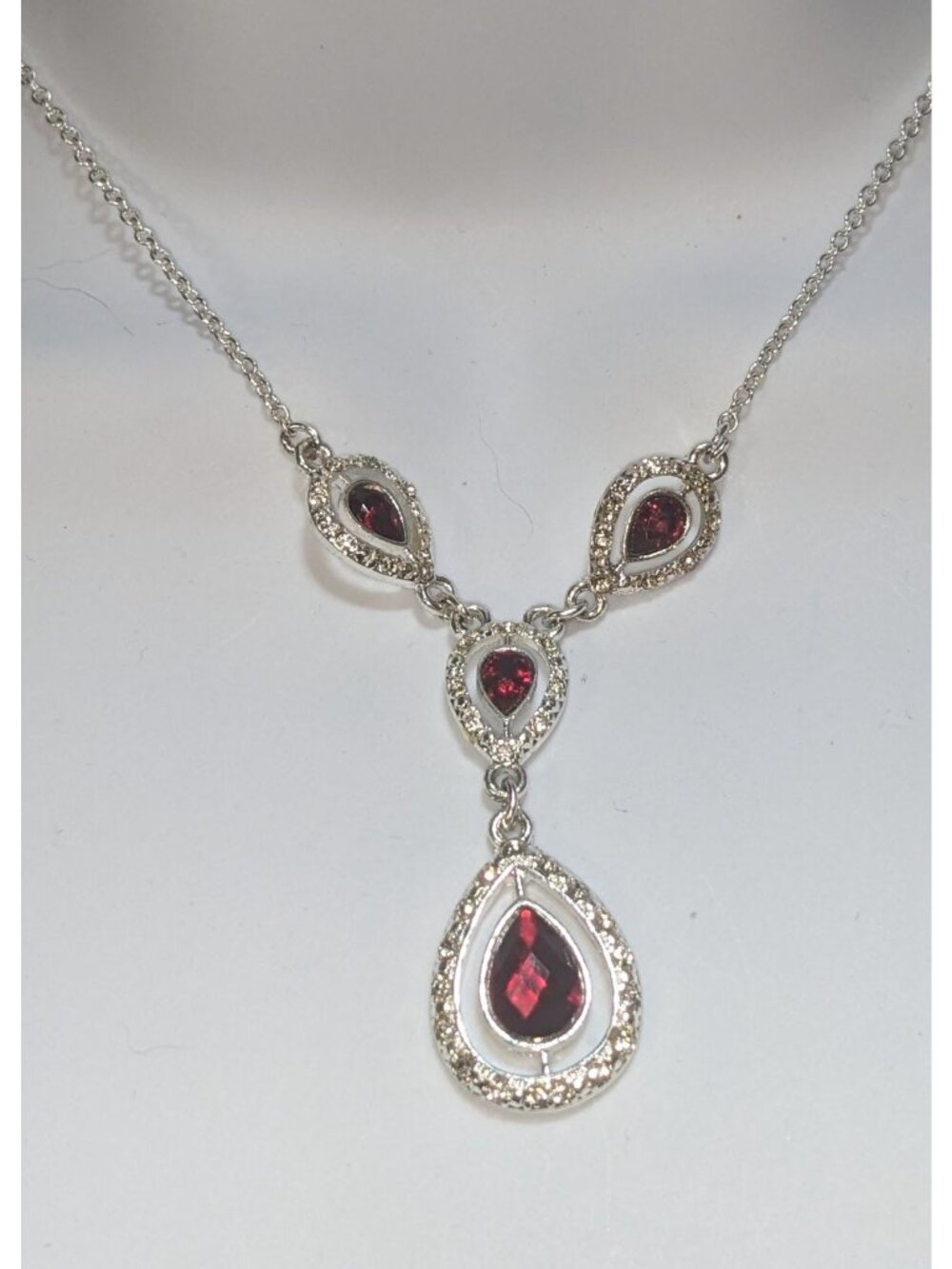 Garnet Red Crystal Teardrop Necklace Silver Tone Glam Goth Vampire Statement